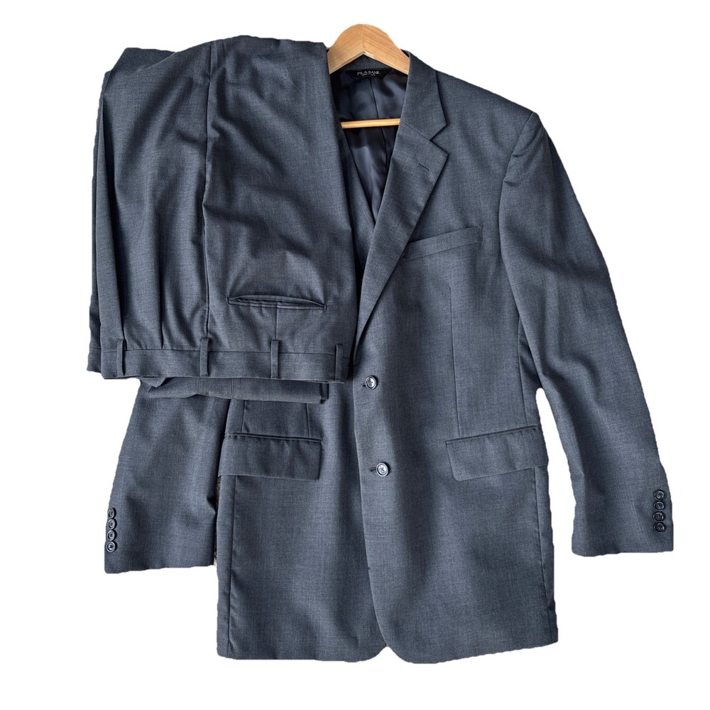 JOS A BANK‎ 100% Wool 2 Piece Dark Gray Flat Front Suit 44L 36x 30